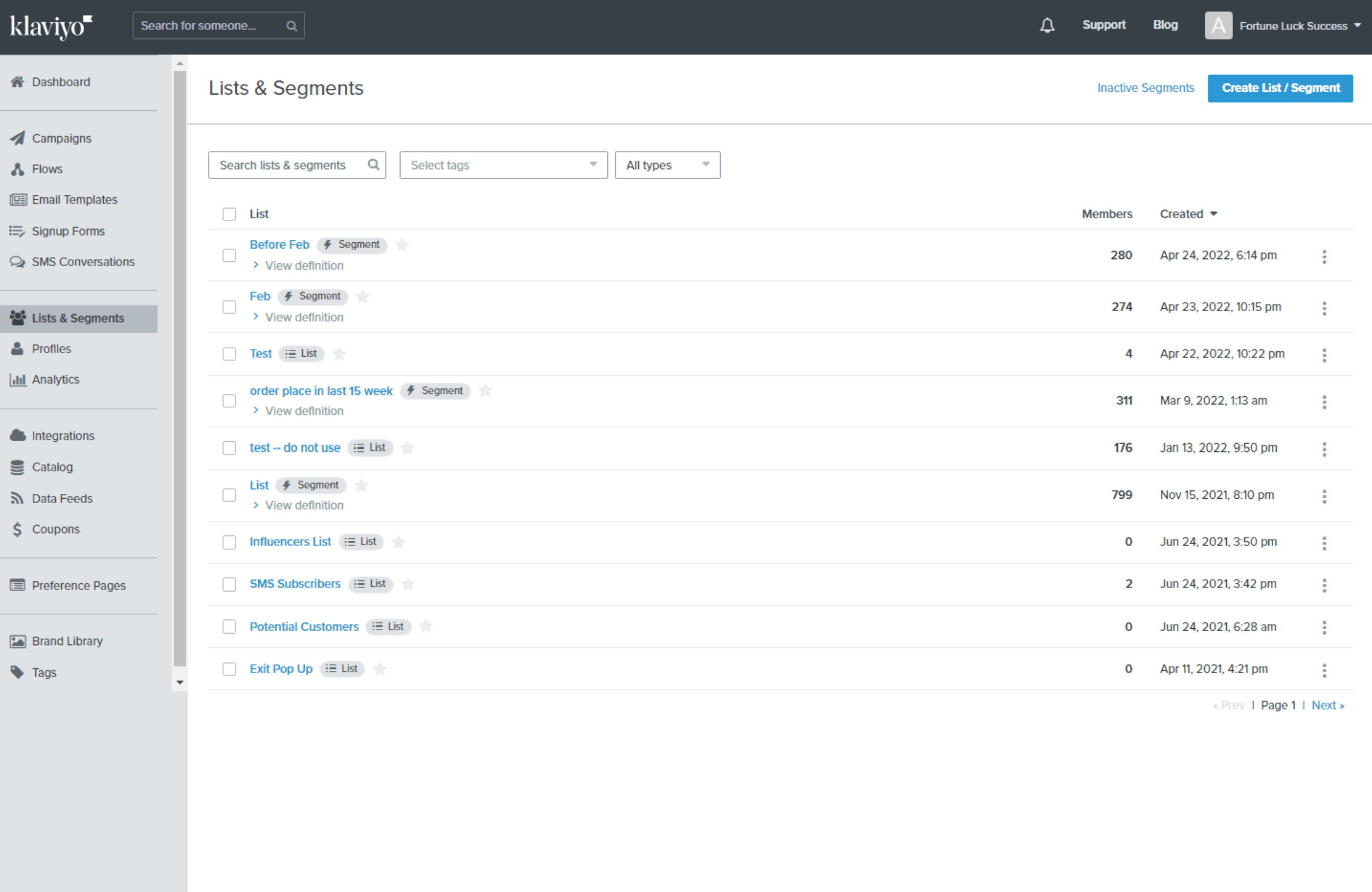 SendPoint lists and segments dashboard with dynamic audience segments and member counts