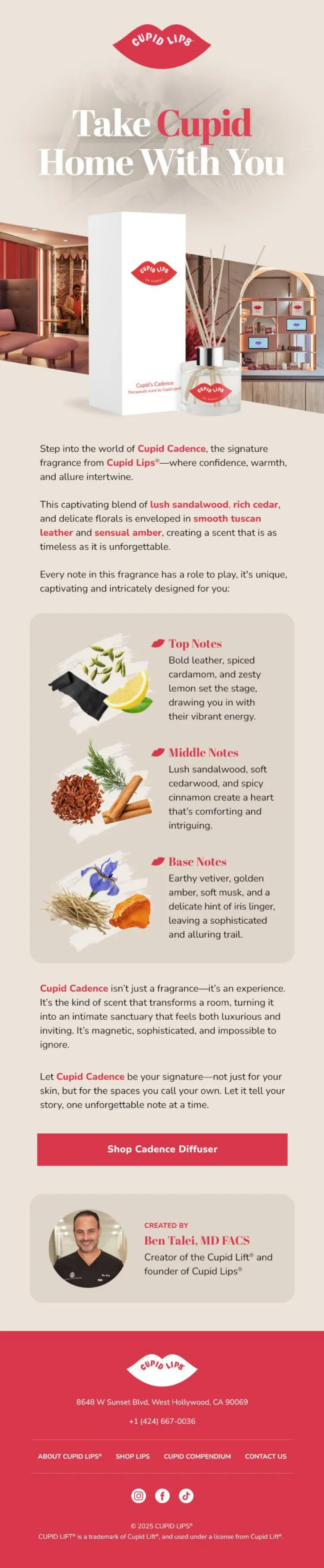 Cupid Cadence diffuser storytelling email detailing top, middle, and base notes