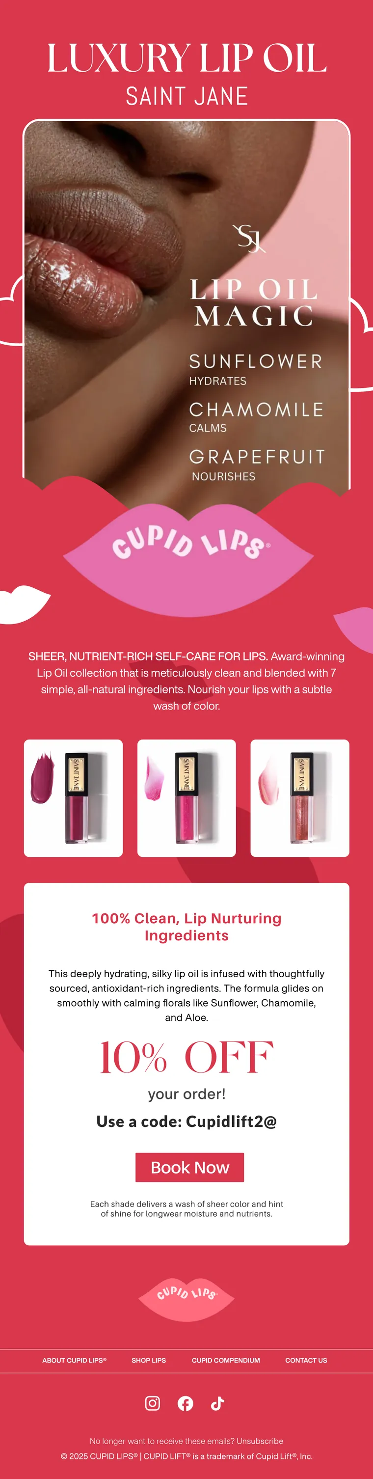 Cupid Lips luxury lip oil product launch email with a bold red palette